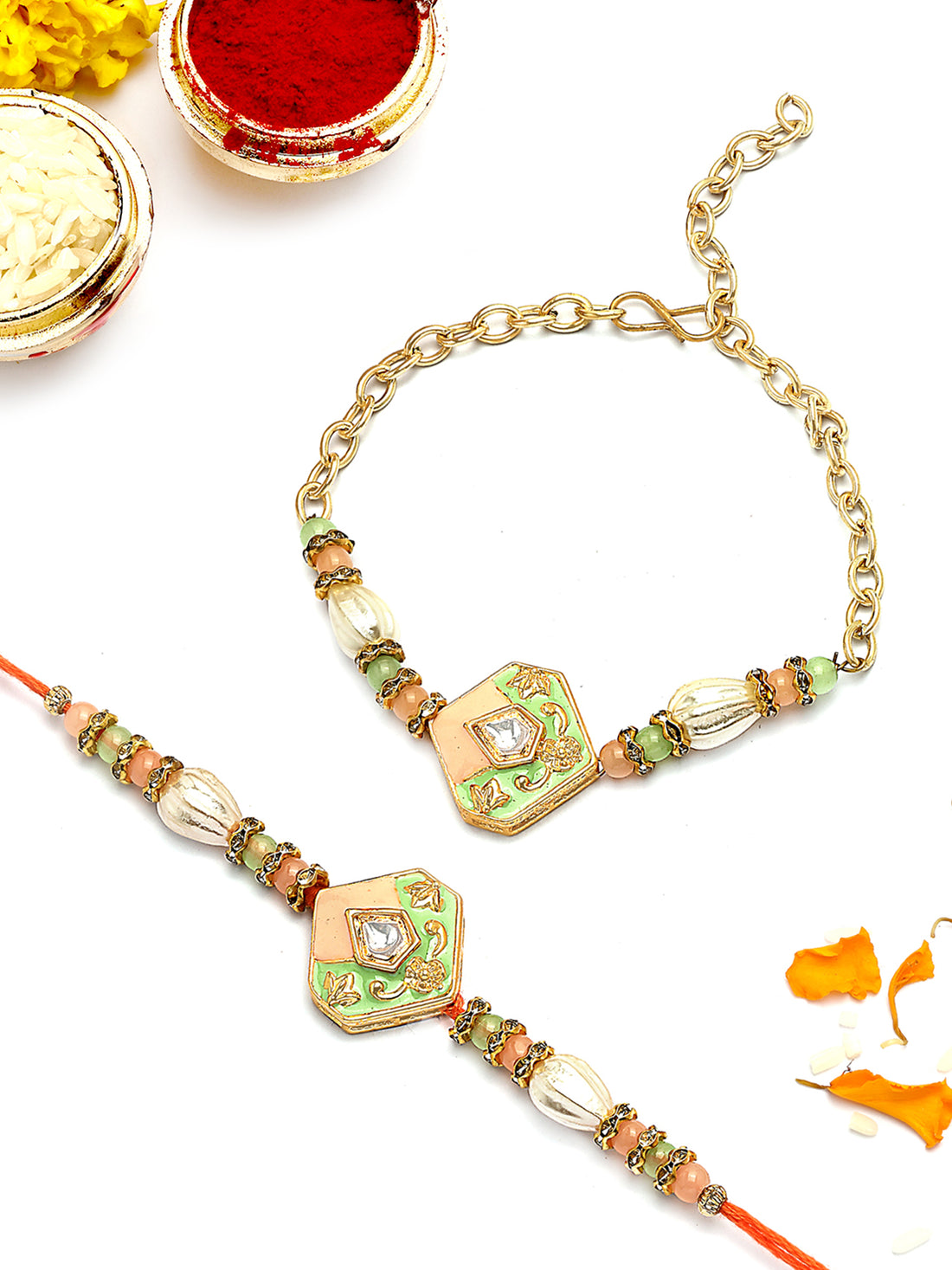 KARATCART Gold Plated Lime Green and Peach Enamel Kundan Bhaiya Bhabhi Rakhi with Roli & Chawal
