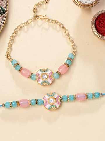 KARATCART Gold Plated Pink and Blue Beads Enamel Kundan Bhaiya Bhabhi Rakhi with Roli & Chawal
