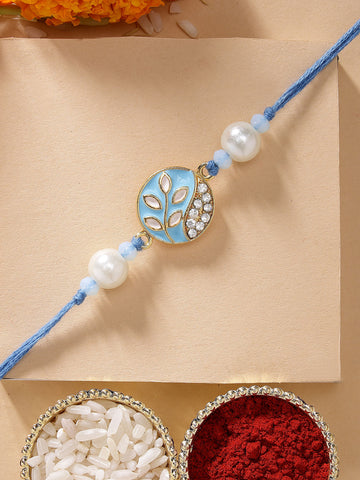 KARATCART Vibrant Light Blue Meena Leaf Design Handmade Kundan Rakhi for Brother with Roli & Chawal