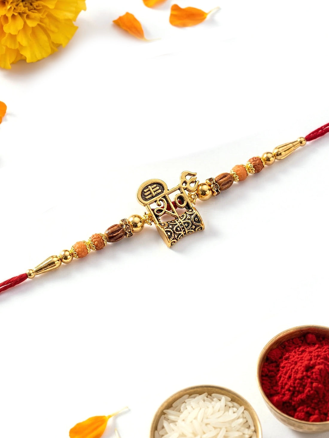 KARATCART Gold Plated Shiv Trishul Designer Bhaiya Rakhi with Roli & Chawal
