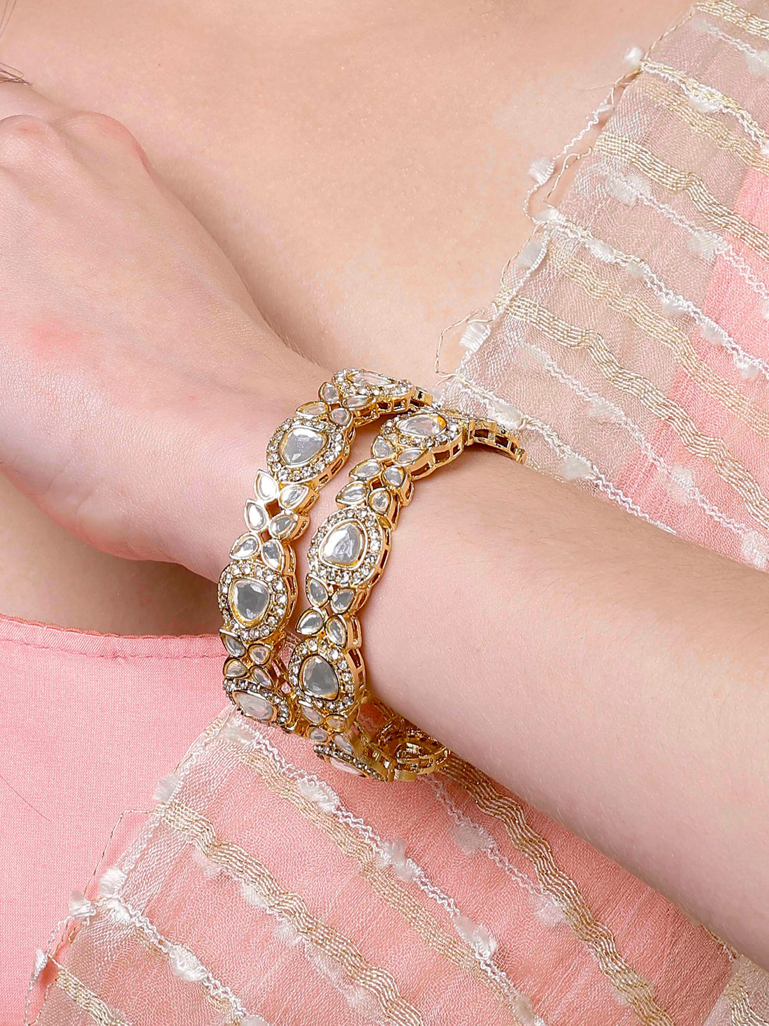 Karatcart Set of 2 Gold Plated American Diamond Studded Bangles for Women