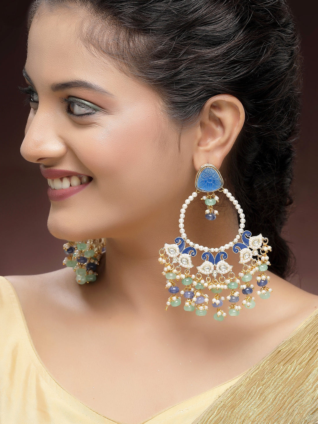 KARATCART Traditional Gold-Plated Blue and Green Kundan Dangler Earrings for Women