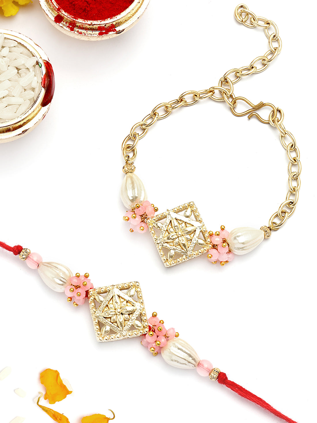 KARATCART Gold Plated Pink Crystal Floral Kundan Bhaiya Bhabhi Rakhi with Roli & Chawal