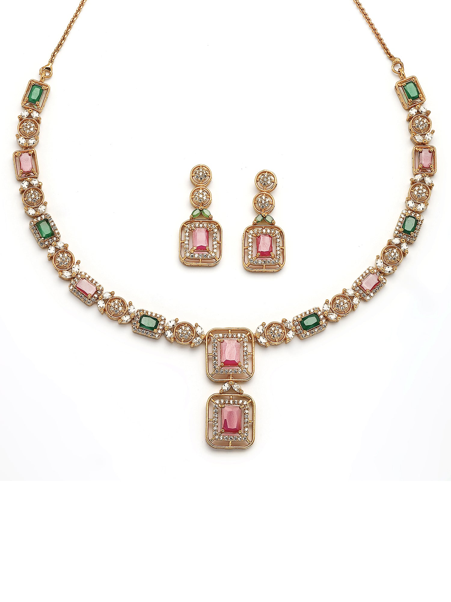 KARATCART Elegant Gold-Plated Pink and Green American Diamond Jewellery Set for Women - view 4