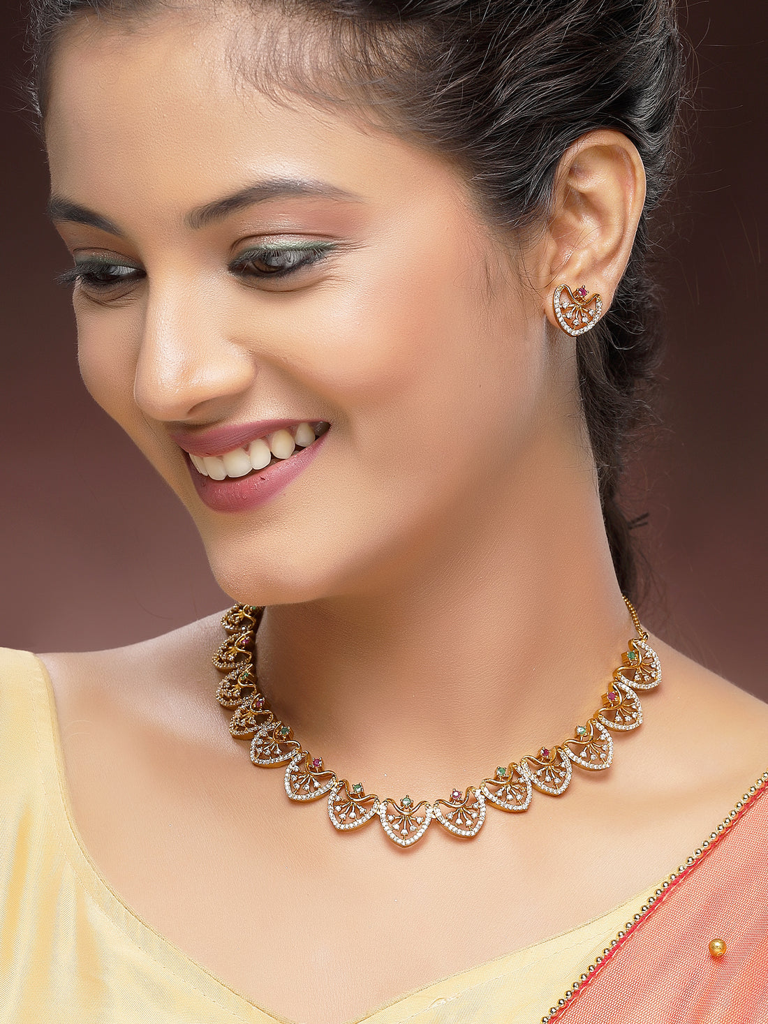 KARATCART Designer Gold-Plated American Diamond Jewellery Set for Women
