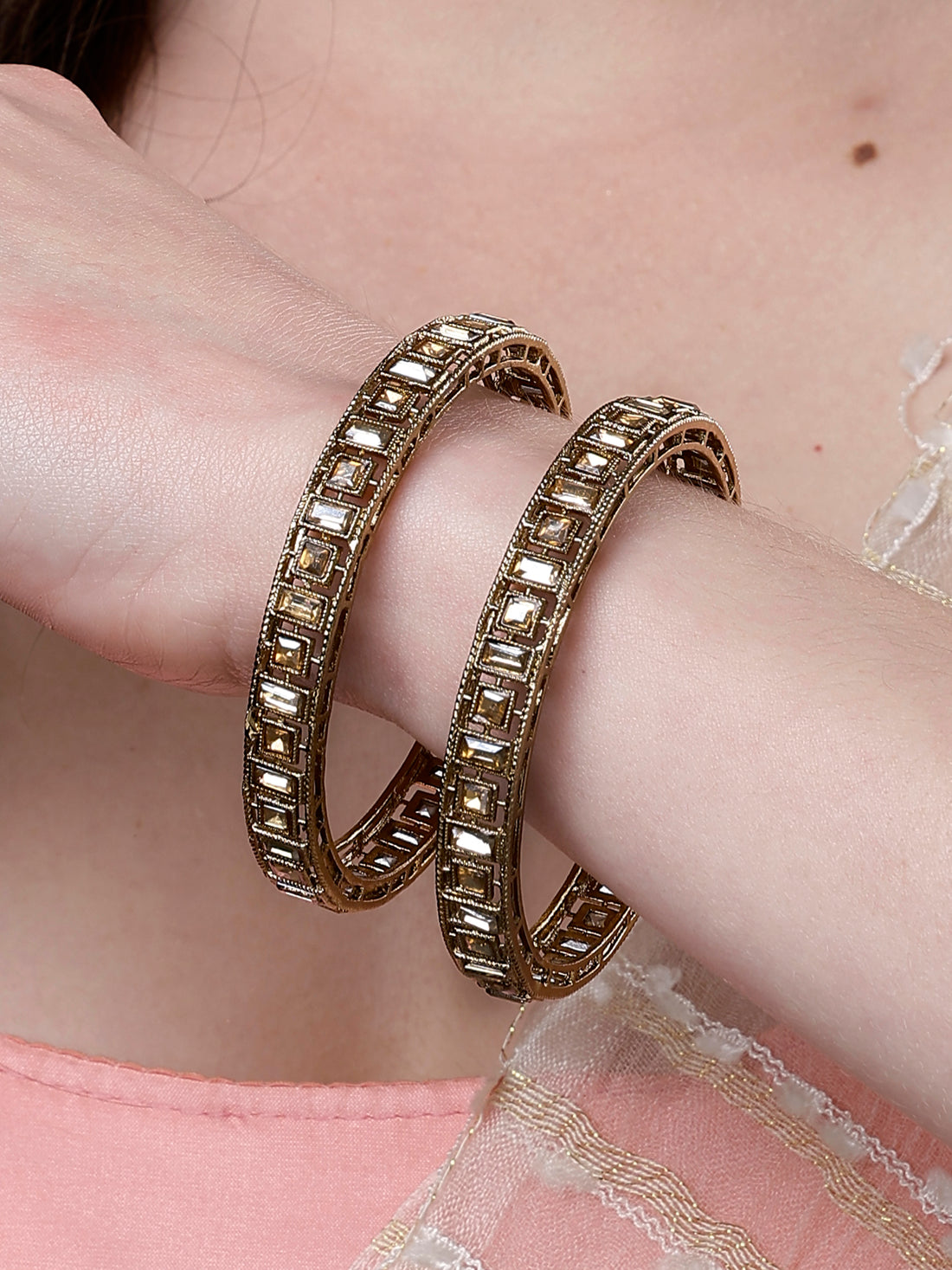 Karatcart Set of 2 Kundan Studded Antique Gold Plated Bangles for Women