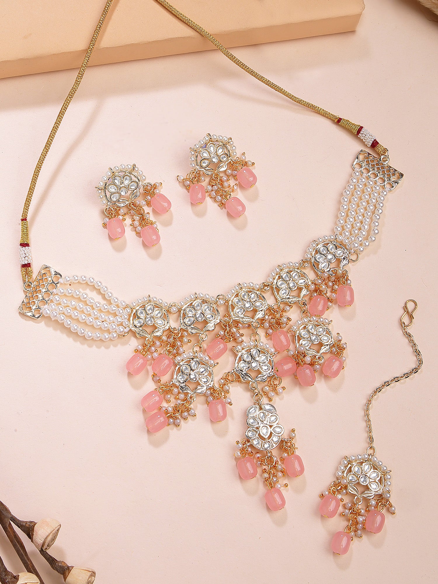 Karatcart Gold Plated Pink Beads Kundan Choker Necklace Set for Women