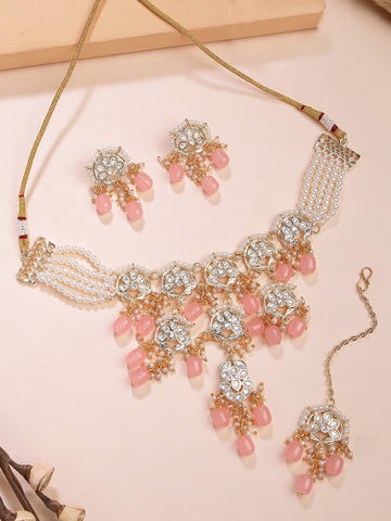 Karatcart Gold Plated Pink Beads Kundan Choker Necklace Set for Women