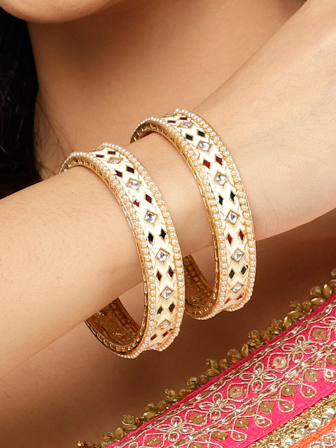 Karatcart Gold Plated White Meena Bangles Set for Women