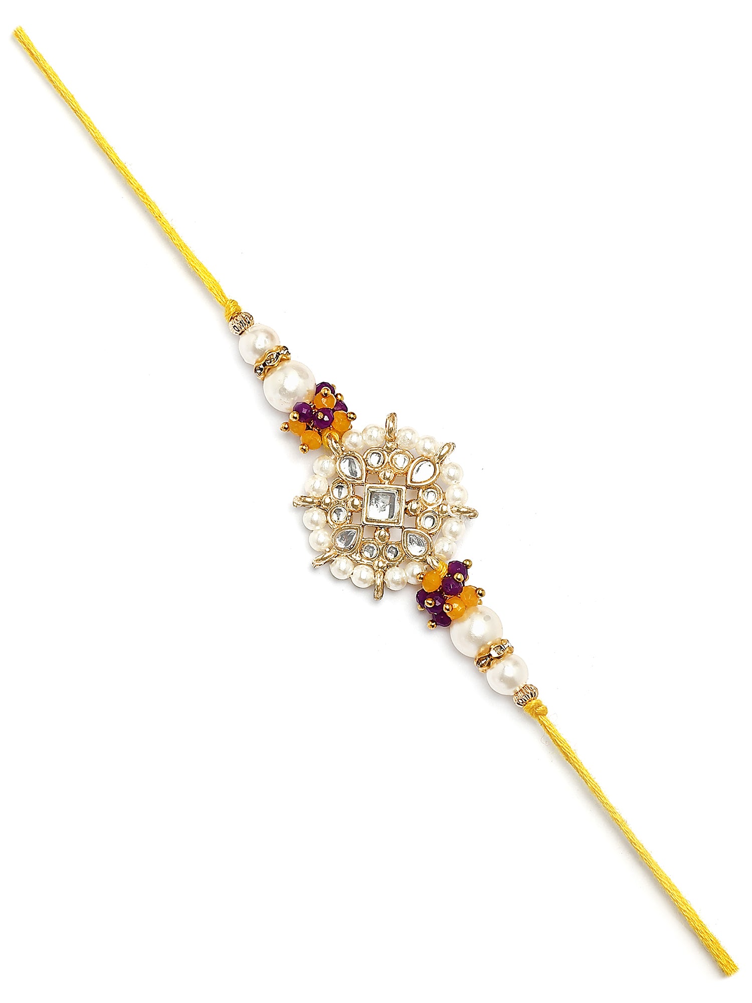 Karatcart Gold Plated Yellow and Blue Floral Kundan Bhiya Rakhi with Roli & Chawal