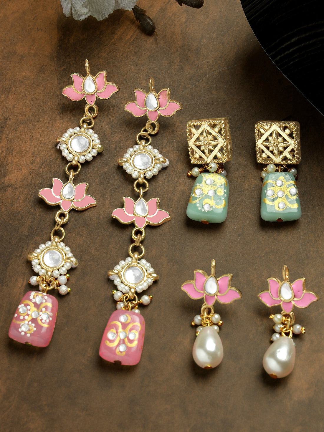 Karatcart Set of 3 Gold Plated Pink Meena Lotus Design Kundan Drop Earrings for Women