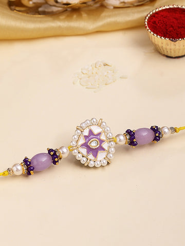 KARATCART Gold Plated Purple Meena Kundan Bhaiya Rakhi with Roli & Chawal