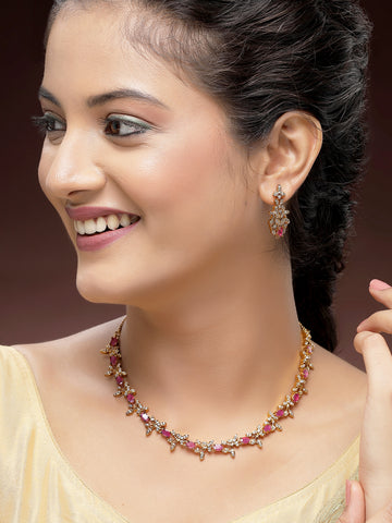 KARATCART Elegant Gold-Plated Red and White American Diamond Floral Jewellery Set for Women