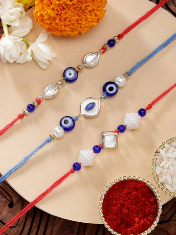 KARATCART Set of 3 Handmade Meenakari Evil Eye Kundan Rakhis for Brother with Roli and Chawal