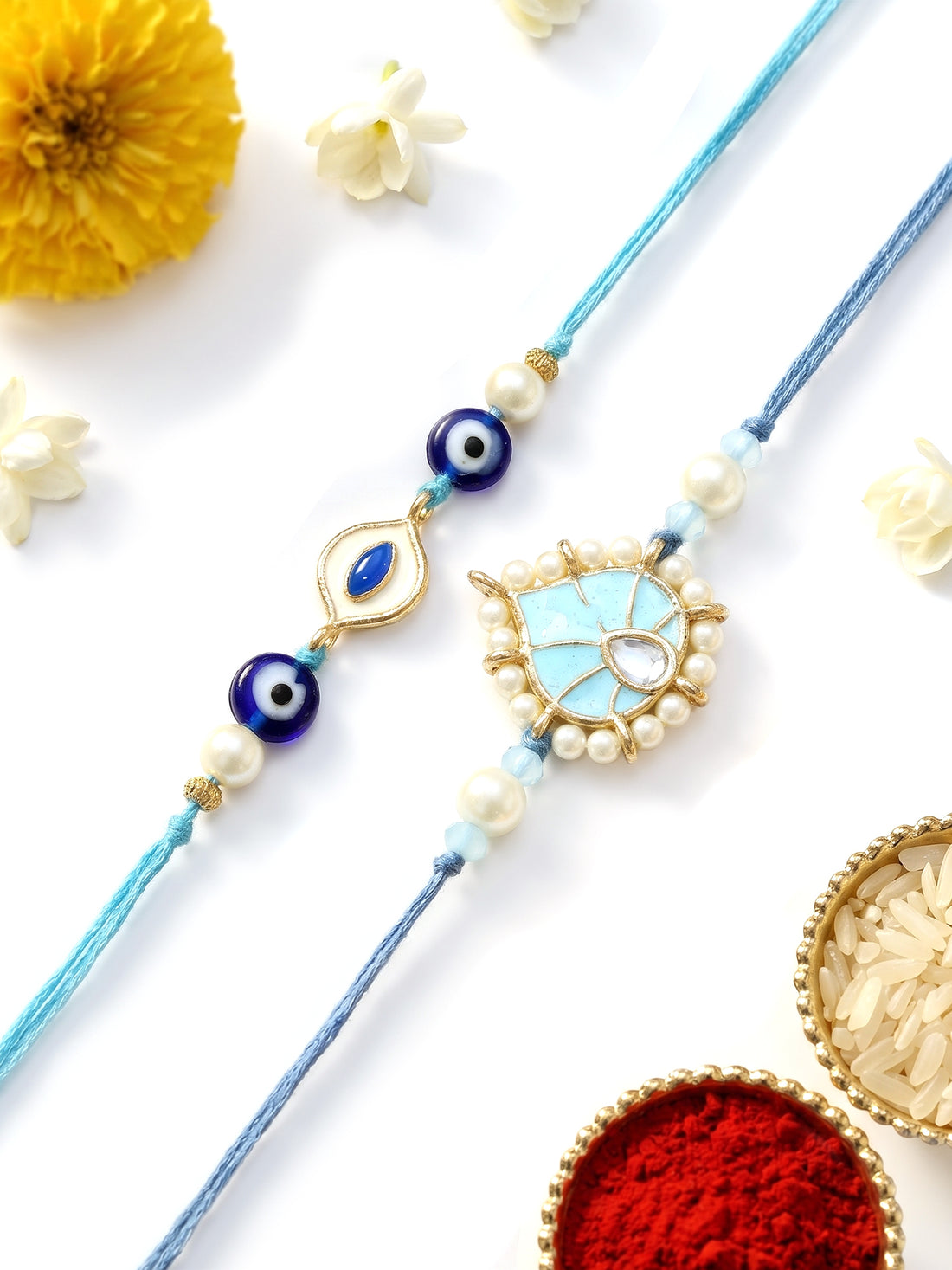 KARATCART Set of 2 Blue Evil Eye Heart Shape Handmade Kundan Rakhi for Brother with Roli & Chawal