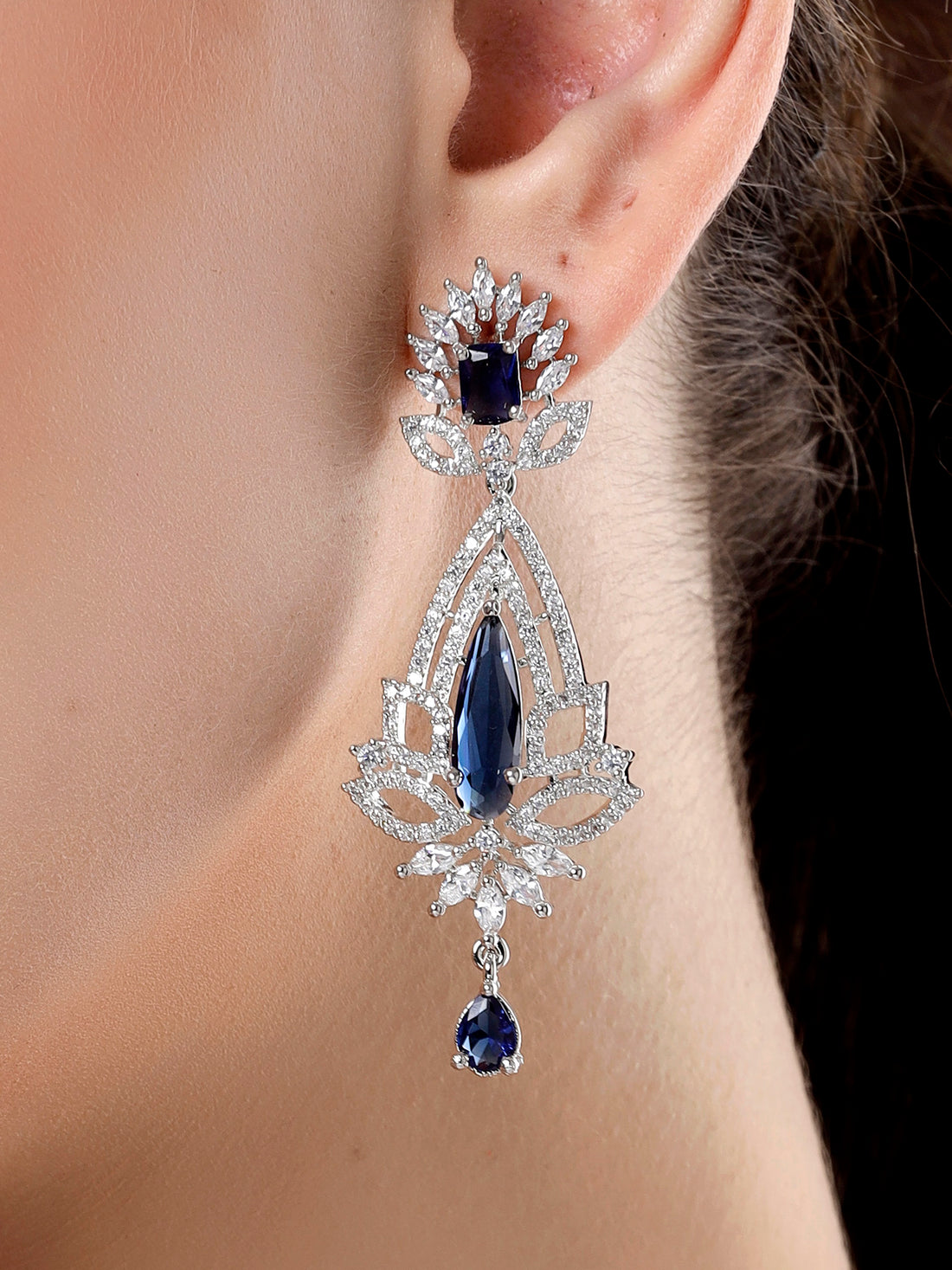 Karatcart Elegant Silver Plated Blue American Diamond Jhumki Earrings for Women