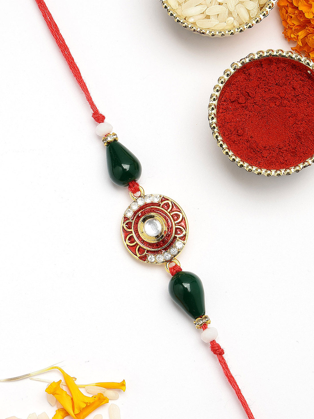 KARATCART Elegant Red Floral Meena and Polki Kundan Handmade Rakhi for Brother with Roli Chawal