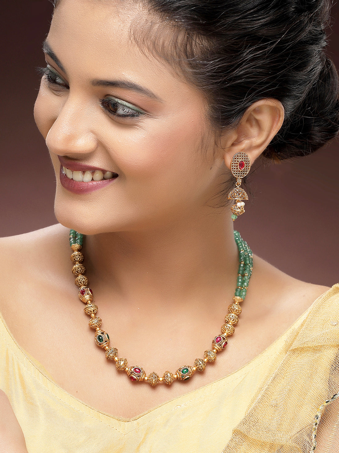KARATCART Traditional Gold Plated Green Crystal Multilayer Rani Haar Temple Jewellery Set