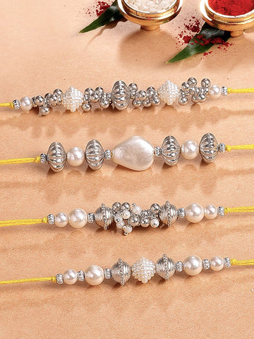 KARATCART Set of 4 Silver Beads and Pearl Kundan Rakhi for Brother with Roli & Chawal