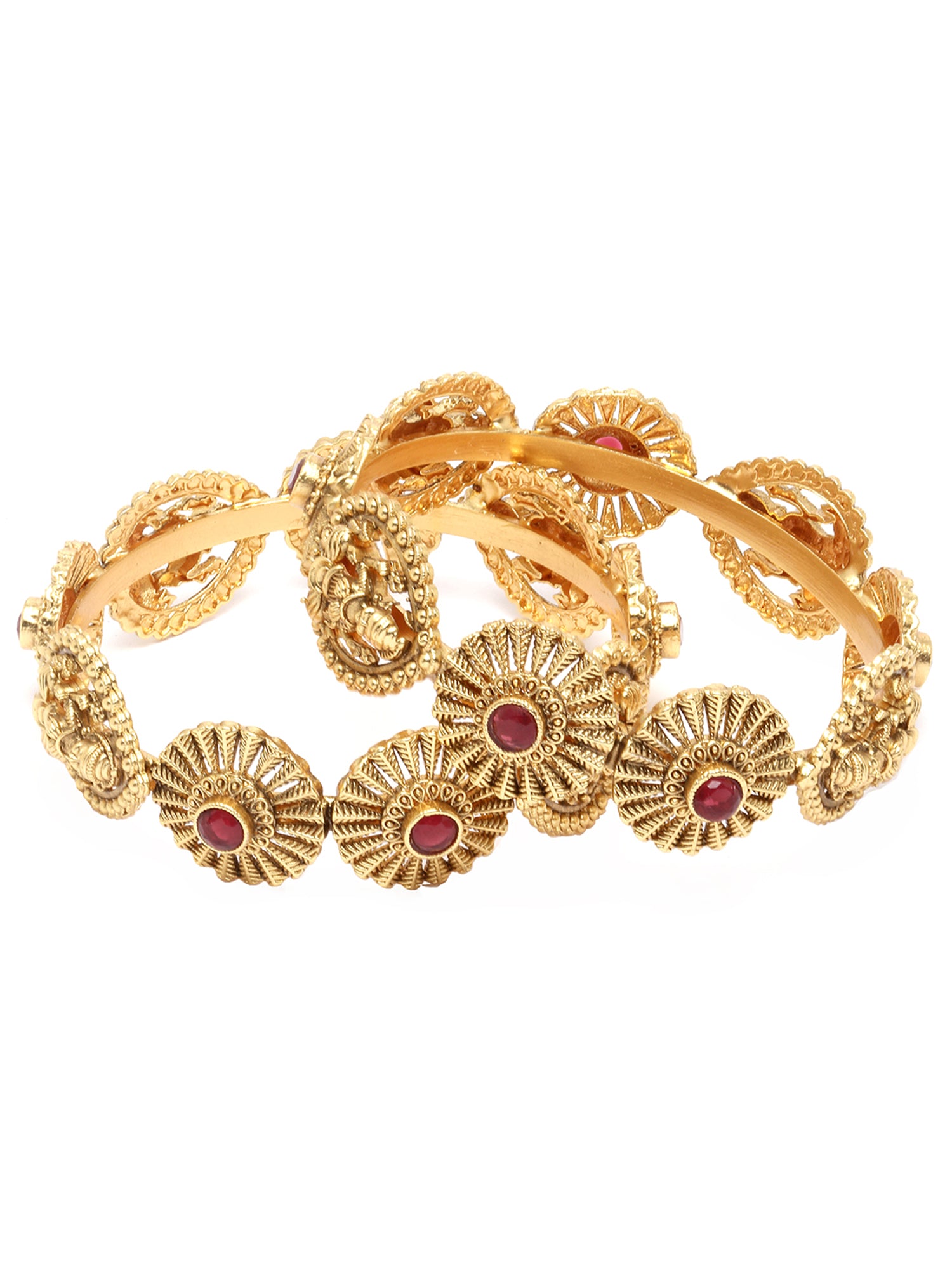 Karatcart Set of 2 Gold Plated Laxmi Mata Design Red Stone Bangles for Women - view 4