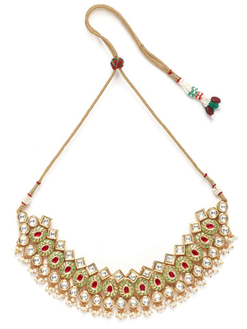 Karatcart Gold Plated Polki Kundan Choker Necklace Set with Red and Green Enamel for Women