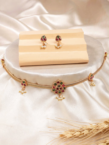 Karatcart Floral Design Gold Plated Red and Green Stone Necklace Set for Women