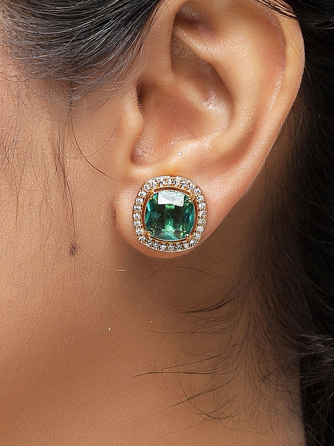 KARATCART Gold Plated American Diamond Stud Green Earrings for Women