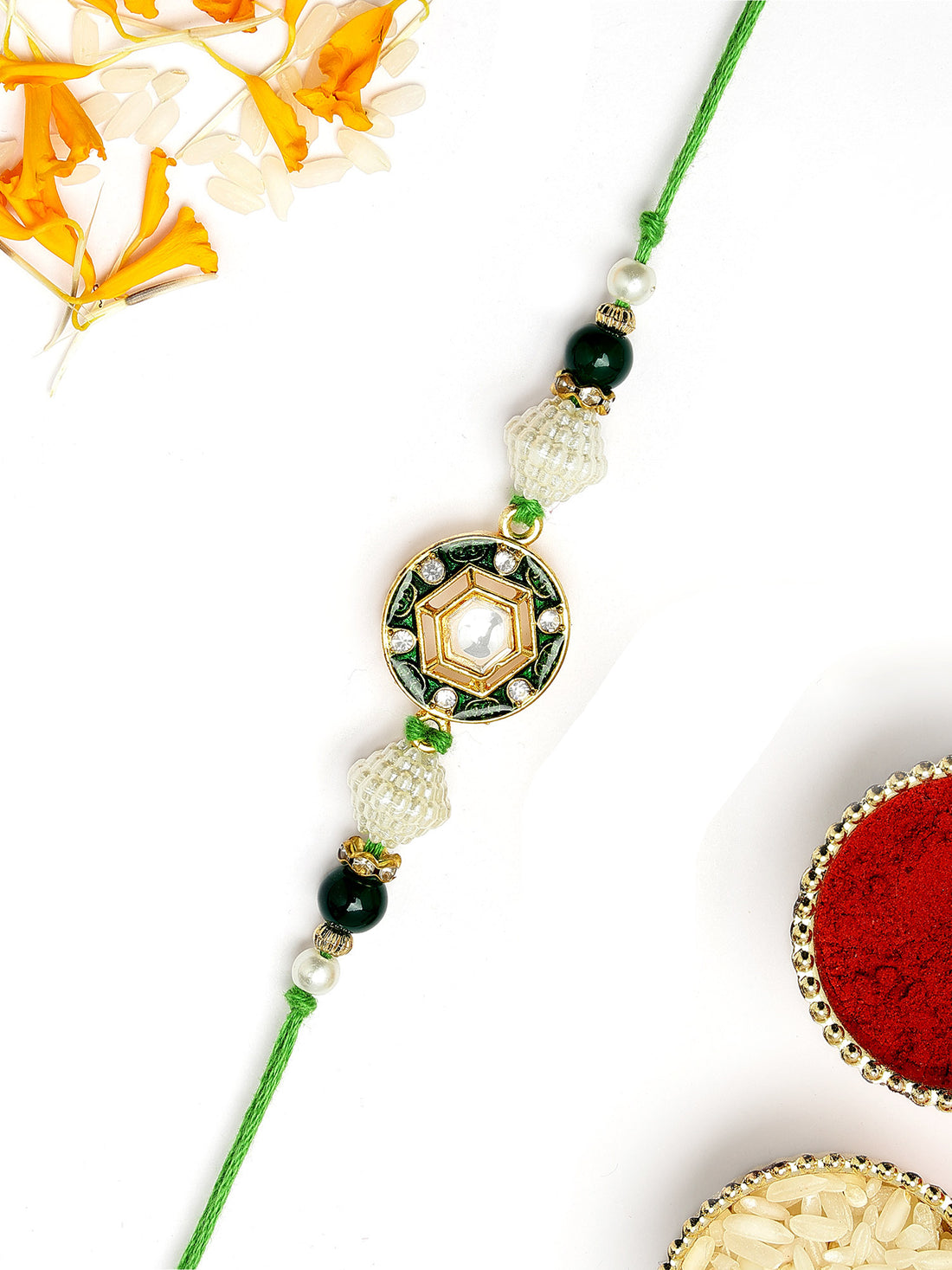 KARATCART Vibrant Green Meena Handmade Hexagon Shape Kundan Rakhi for Brother with Roli & Chawal