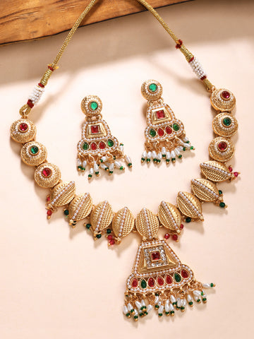 KARATCART Designer Gold-Plated Red and Green Crystal Choker Necklace Set for Women