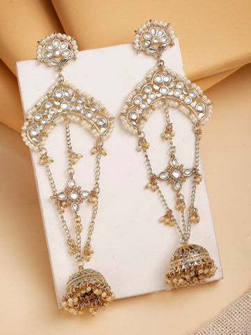 Karatcart Traditional Kashmiri Gold-Plated Kundan Long Drop Earrings with Jhumki Design for Women