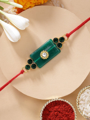 KARATCART Beautiful Green Stone and Crystal Handmade Rakhi for Brother with Roli Chawal
