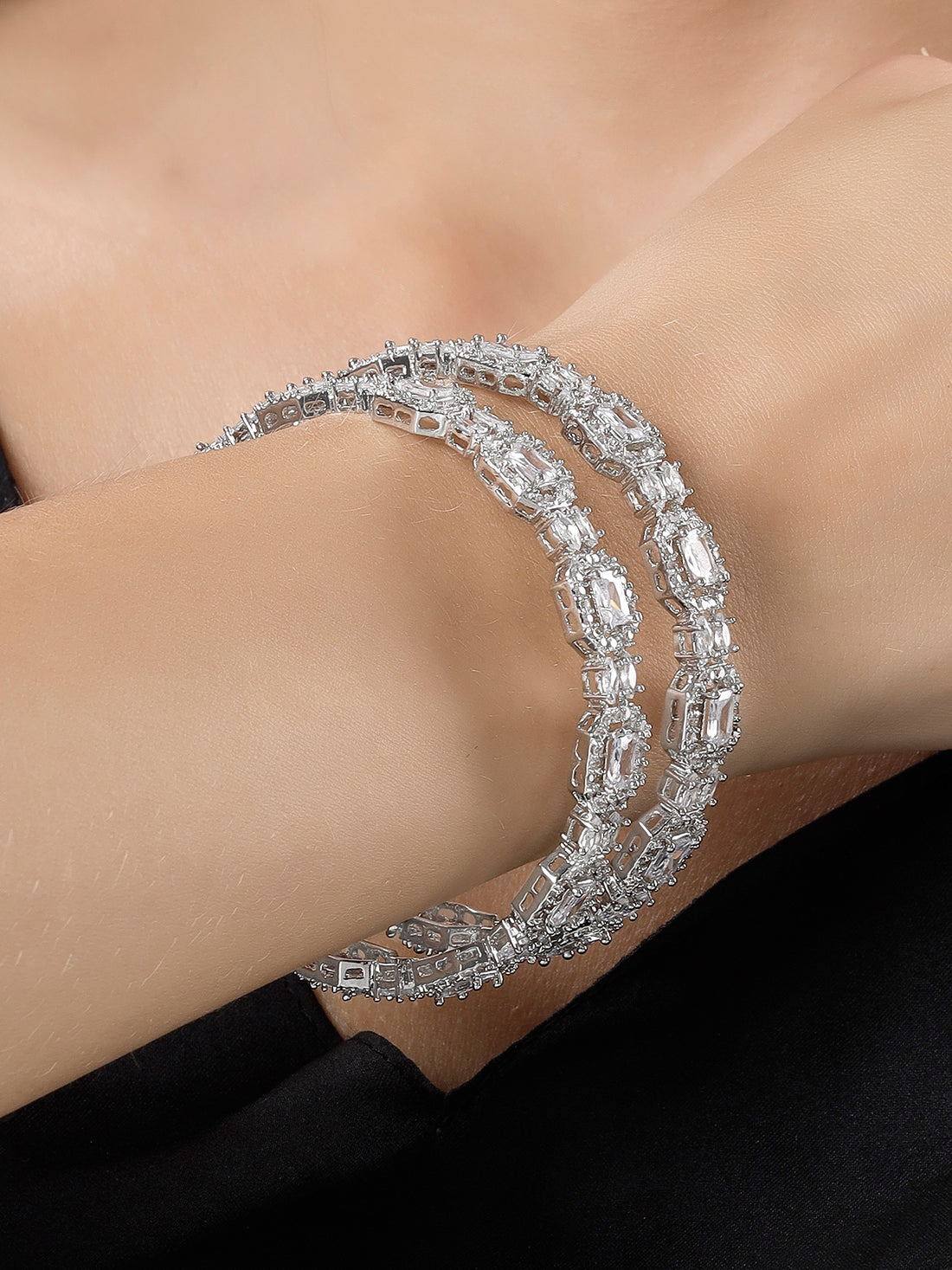 Karatcart Silver Plated Set of 2 American Diamond Studded Bangles for Women