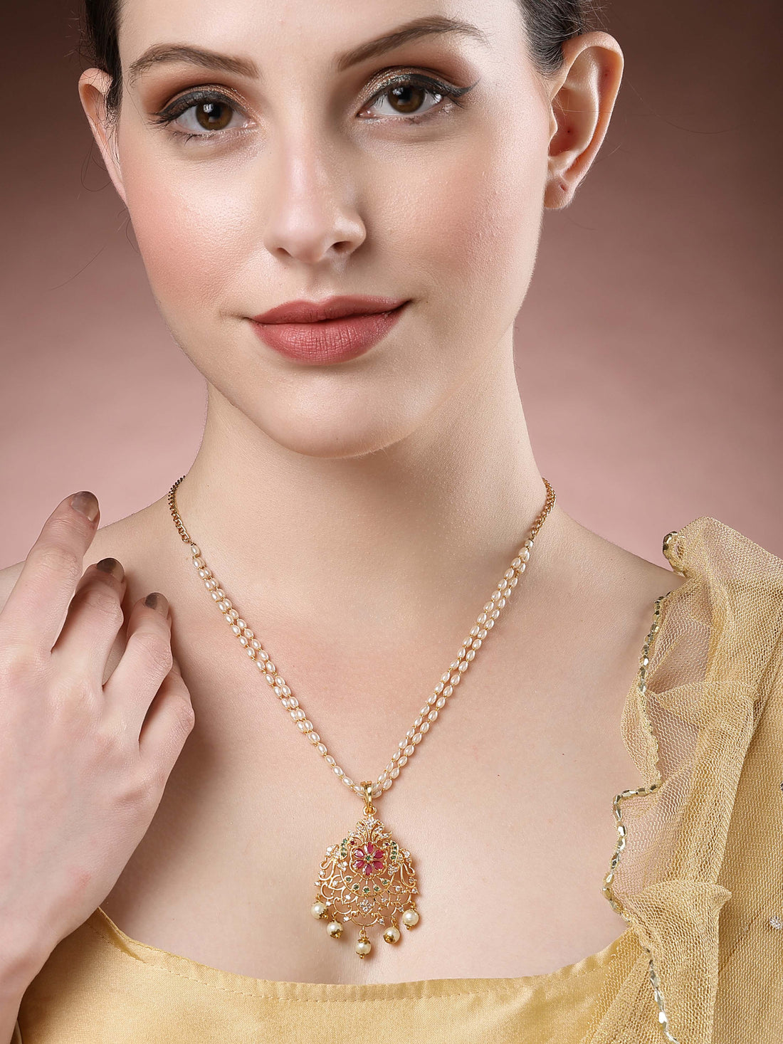 Karatcart Gold Plated Pearl Studded Red Stone Necklace for Women