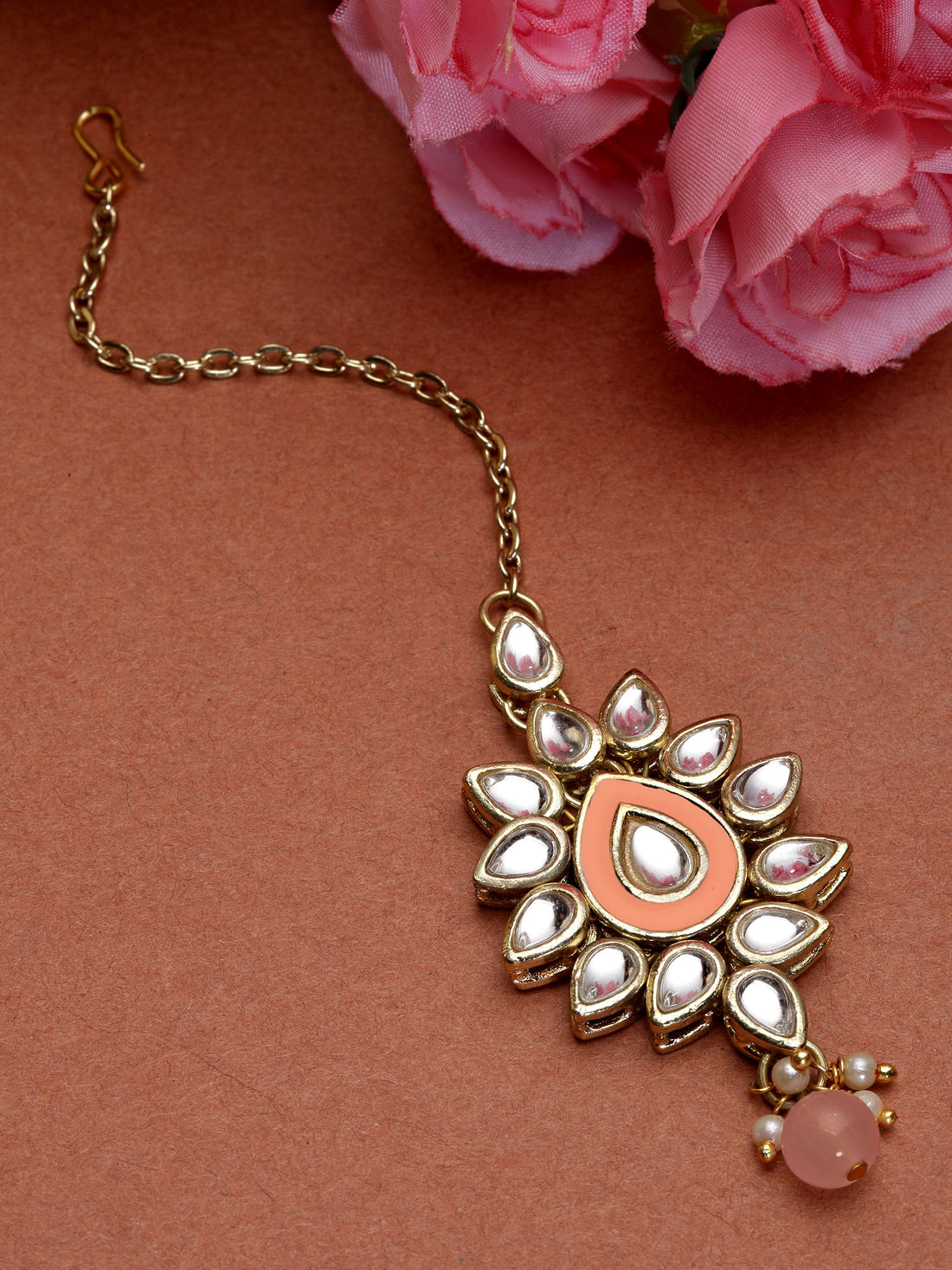 Karatcart Gold Plated Baby Pink Meena Kundan Maangtikka for Women