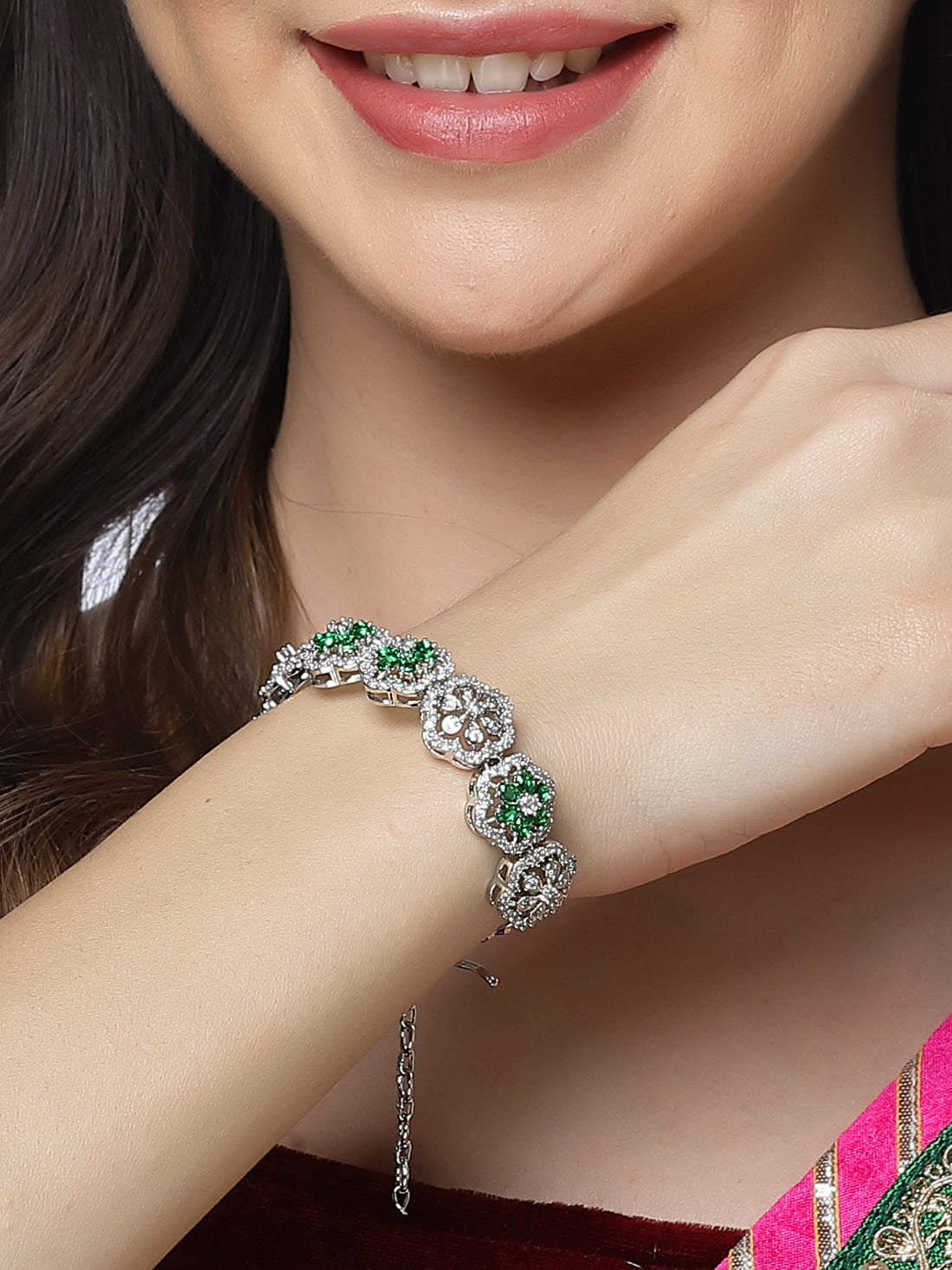 Karatcart Silver Tone Green Cubic Zirconia Studded Bracelet for Women