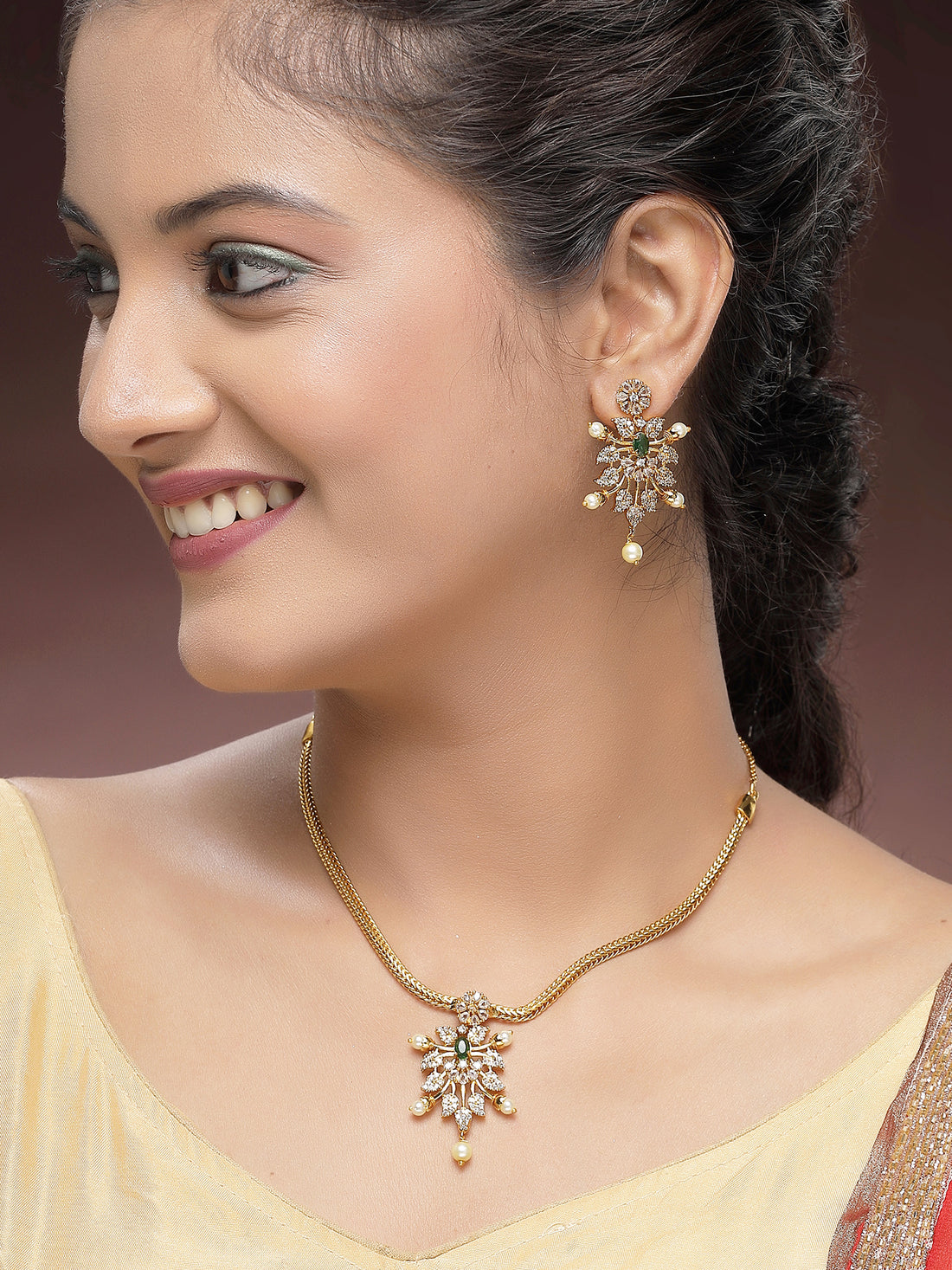 KARATCART Designer Gold-Plated Green American Diamond and Pearl Jewellery Set for Women