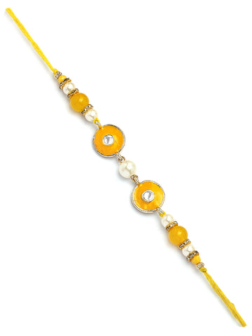 Karatcart Gold Plated Yellow Meena and Pearl Kundan Bhiya Bhabhi Rakhi with Roli & Chawal