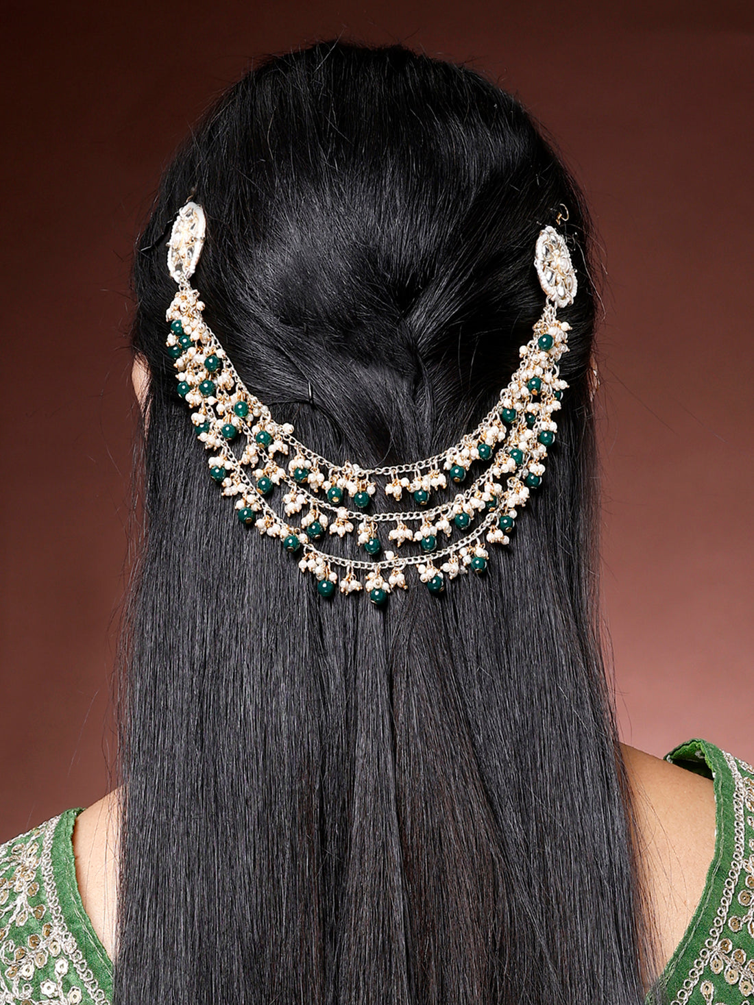 Karatcart Designer Gold Plated Multilayered Green Beaded Kundan Hair Chain for Women