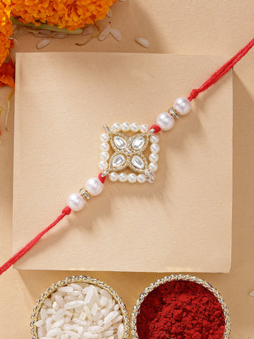 KARATCART Traditional Light Weight Floral Design Handmade Kundan Rakhi for Brother with Roli Chawal