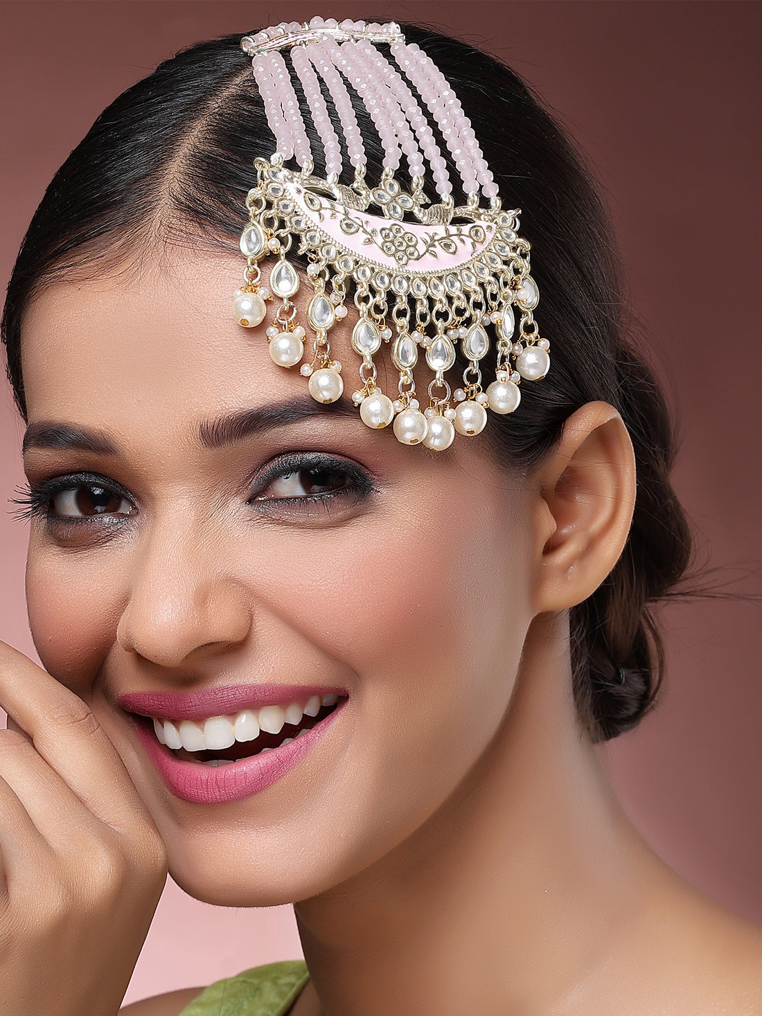 Karatcart Traditional Gold Plated Handcrafted Blush Pink Meenakari Passa with Pearls for Women