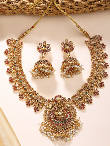 KARATCART Traditional Gold-Plated Laxmi Mata and Peacock Temple Jewellery Set for Women