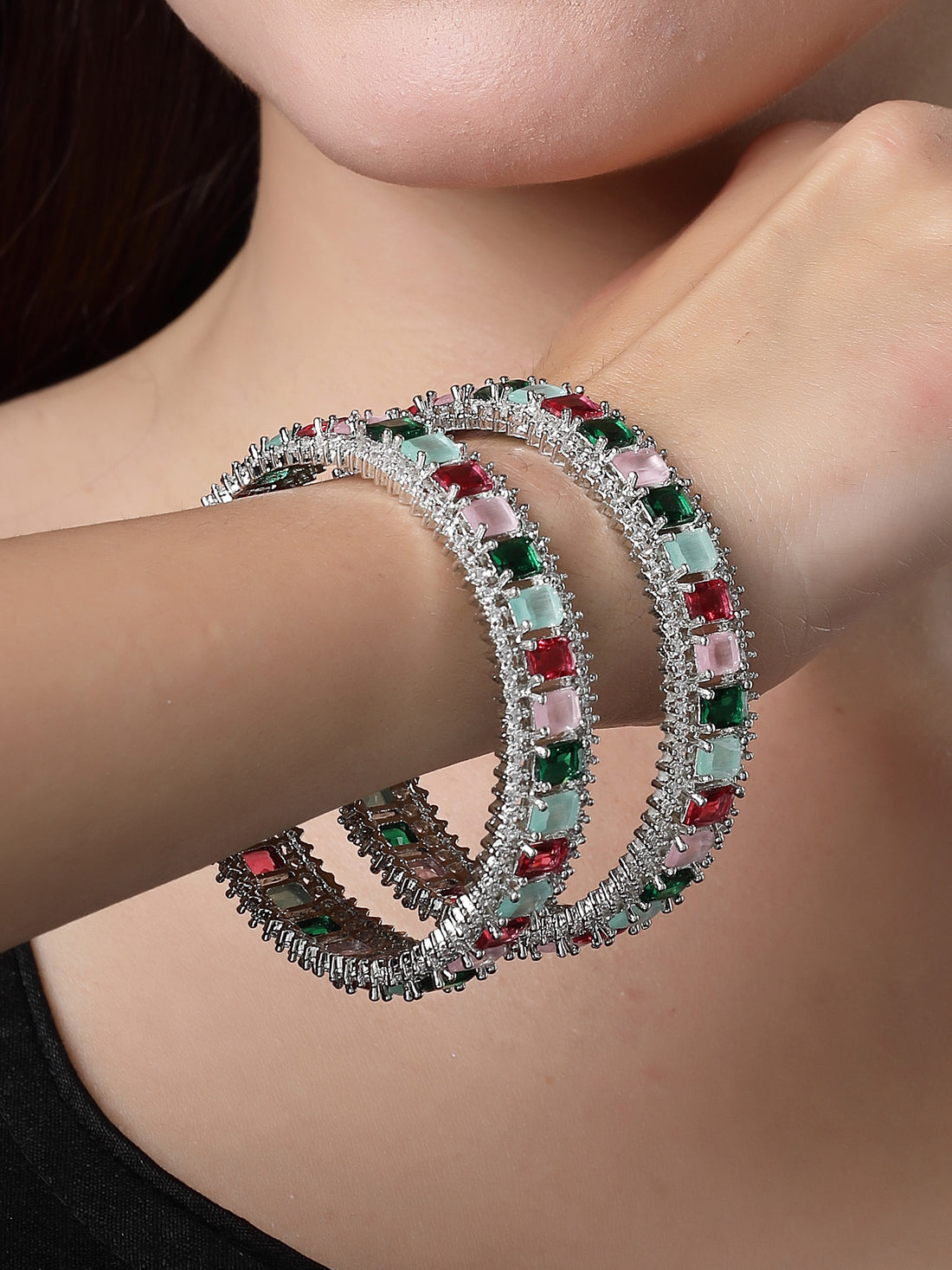 Karatcart Set of 2 Silver Plated Multicolor Stone American Diamond Bangles for Women