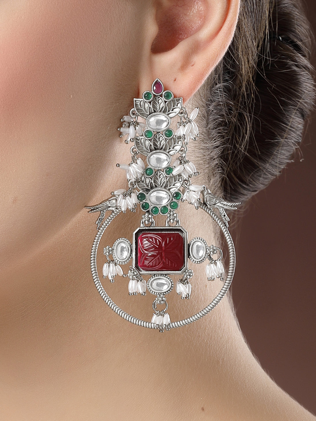 Karatcart Oxidised Silver Red Carved Stone Dangler Earrings for Women