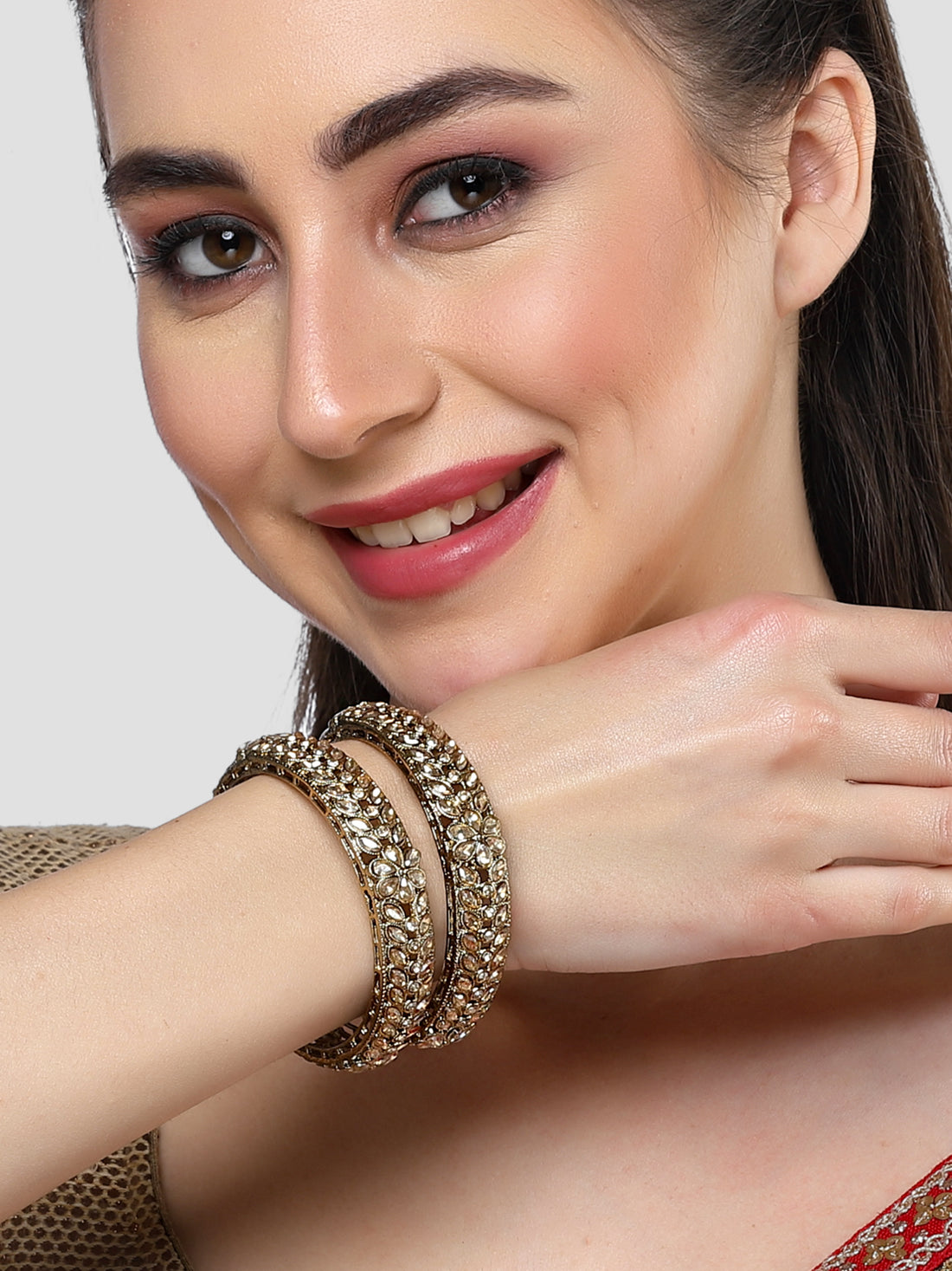 Karatcart Gold Plated Leaf Design Golden Kundan Studded Set of 2 Bangles Set for Women