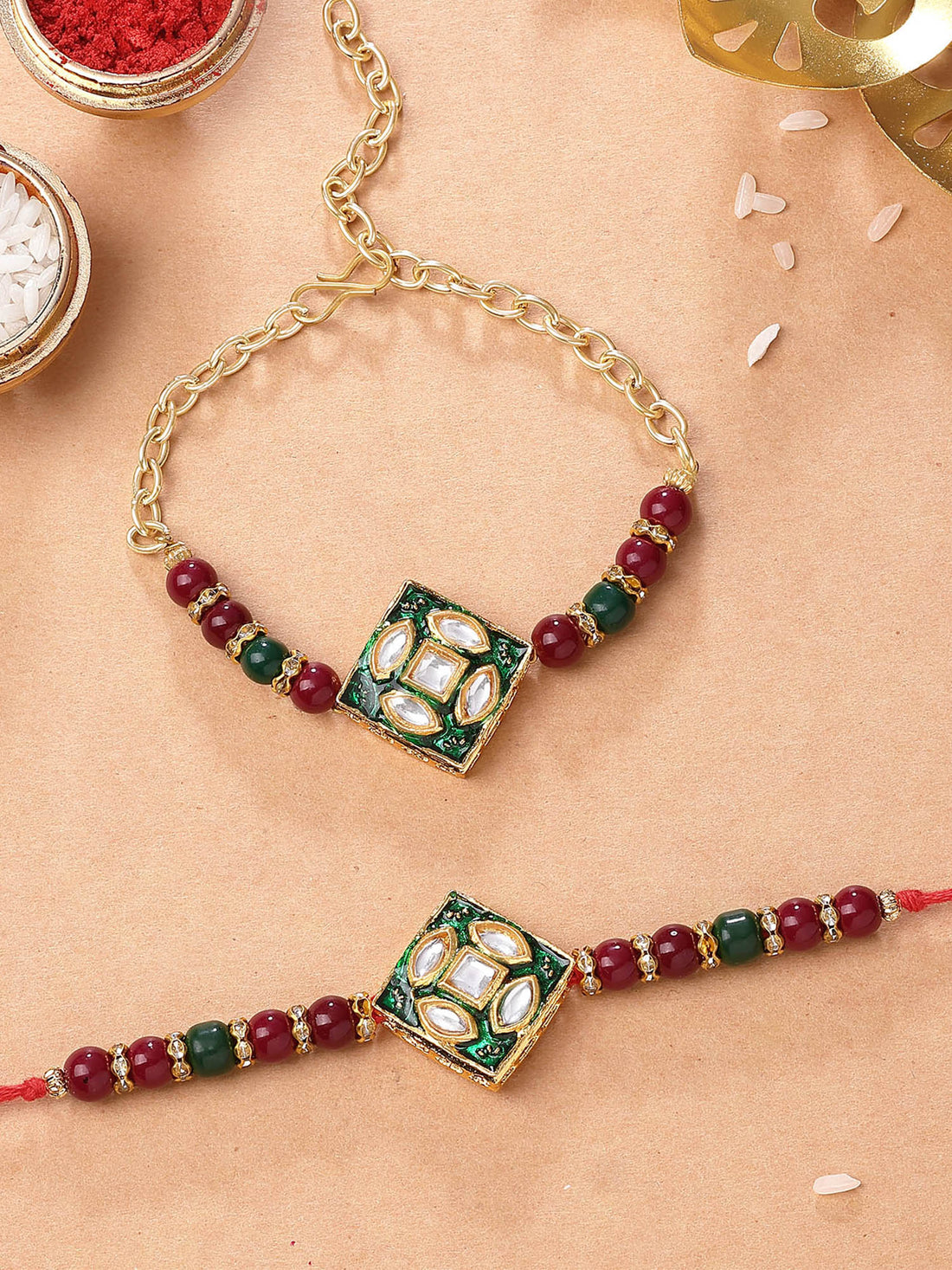 Karatcart Red and Green Beads Polki Kundan Bhiya Bhabhi Rakhi with Roli & Chawal