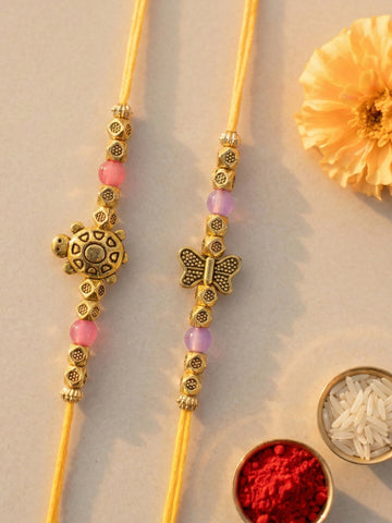 KARATCART Set of 2 Turtle & Butterfly Design Kundan Rakhi for Brother with Roli Chawal