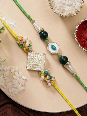 KARATCART Set of 2 Crystal and Green Evil Eye Handmade Kundan Rakhi for Brother with Roli & Chawal