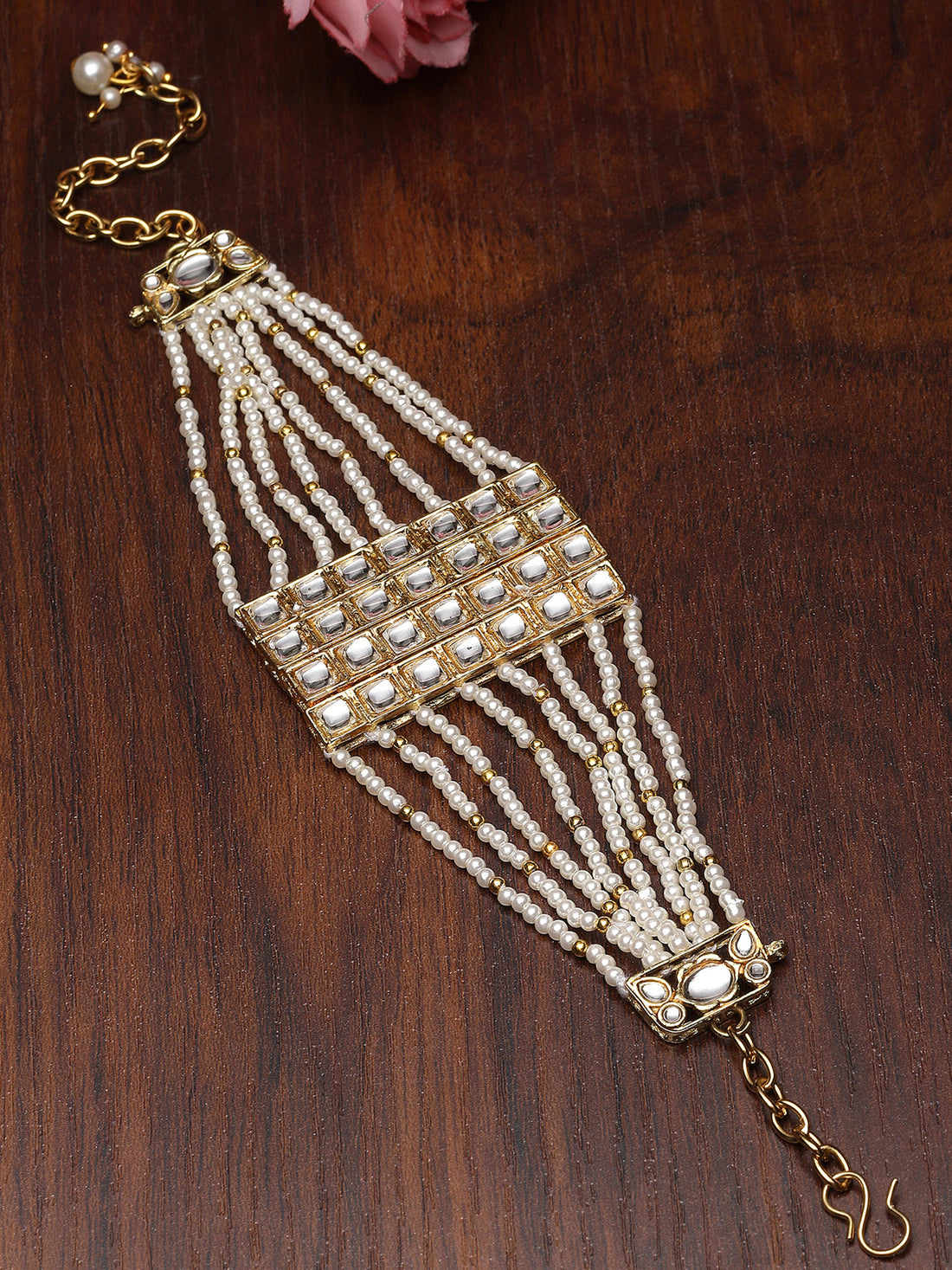 Karatcart Gold Plated Pearl Beaded Square Kundan Bracelet for Women