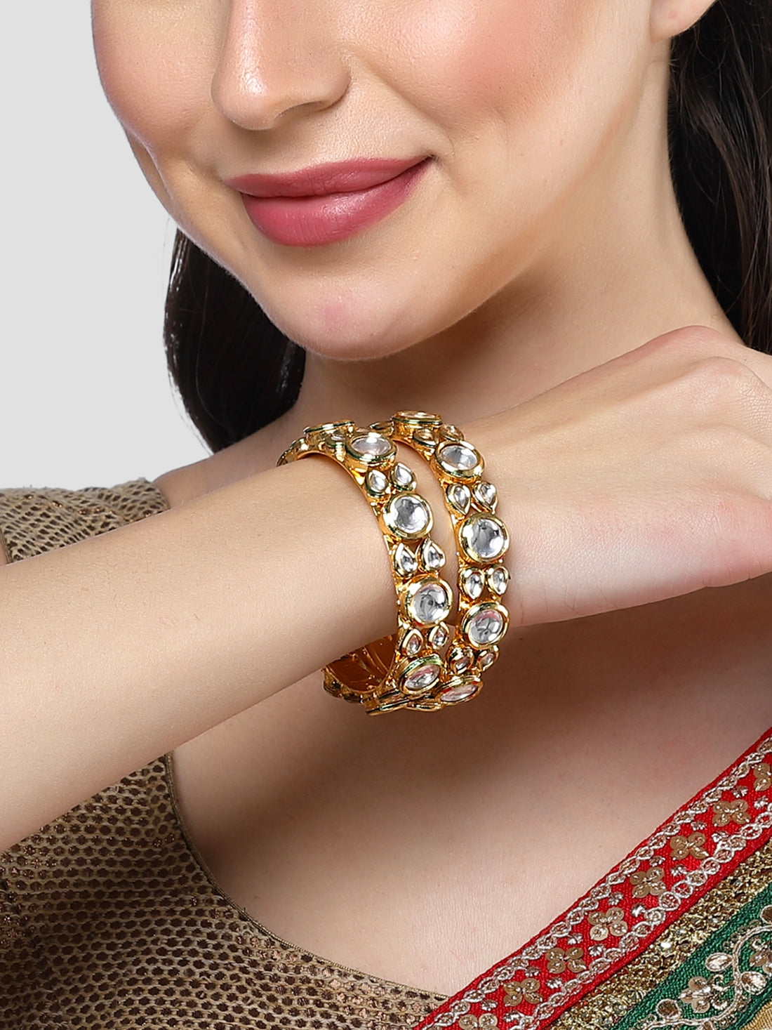 Karatcart Set of 2 Gold Plated Round Polki Kundan Bangles for Women