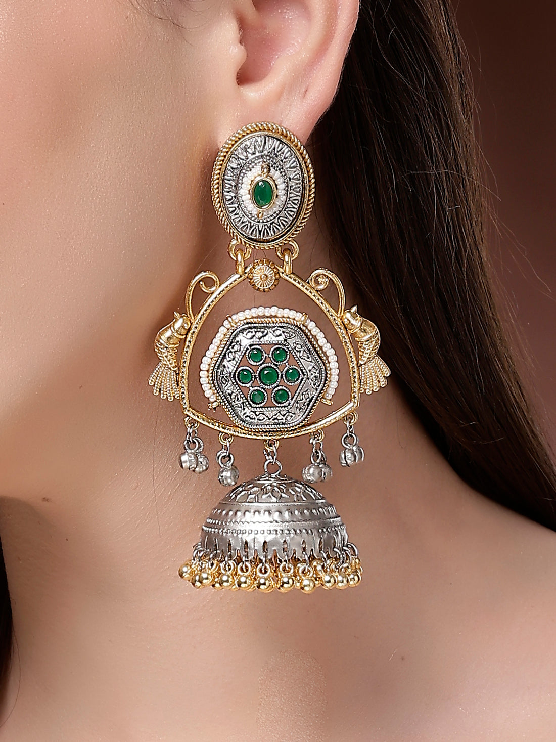 Karatcart Designer Oxidized Silver and Gold Plated Green Stone Dual-Tone Jhumka Earrings